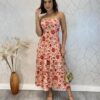 Vestido Midi com Bojo com Abertura Liz Estampa Laranja - Fernanda Ramos Store