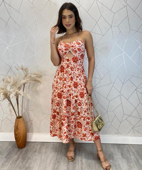 Vestido Midi com Bojo com Abertura Liz Estampa Laranja - Fernanda Ramos Store