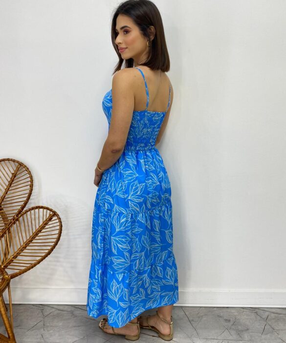 Vestido Midi com Bojo com Abertura Liz Estampado Azul - Fernanda Ramos Store