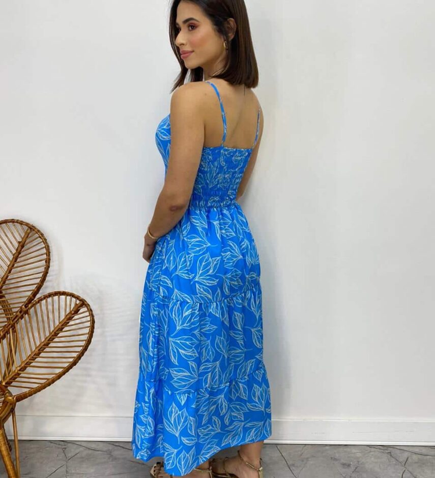 Vestido Midi com Bojo com Abertura Liz Estampado Azul - Fernanda Ramos Store