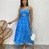 Vestido Midi com Bojo com Abertura Liz Estampado Azul - Fernanda Ramos Store