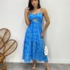 Vestido Midi com Bojo com Abertura Liz Estampado Azul - Fernanda Ramos Store