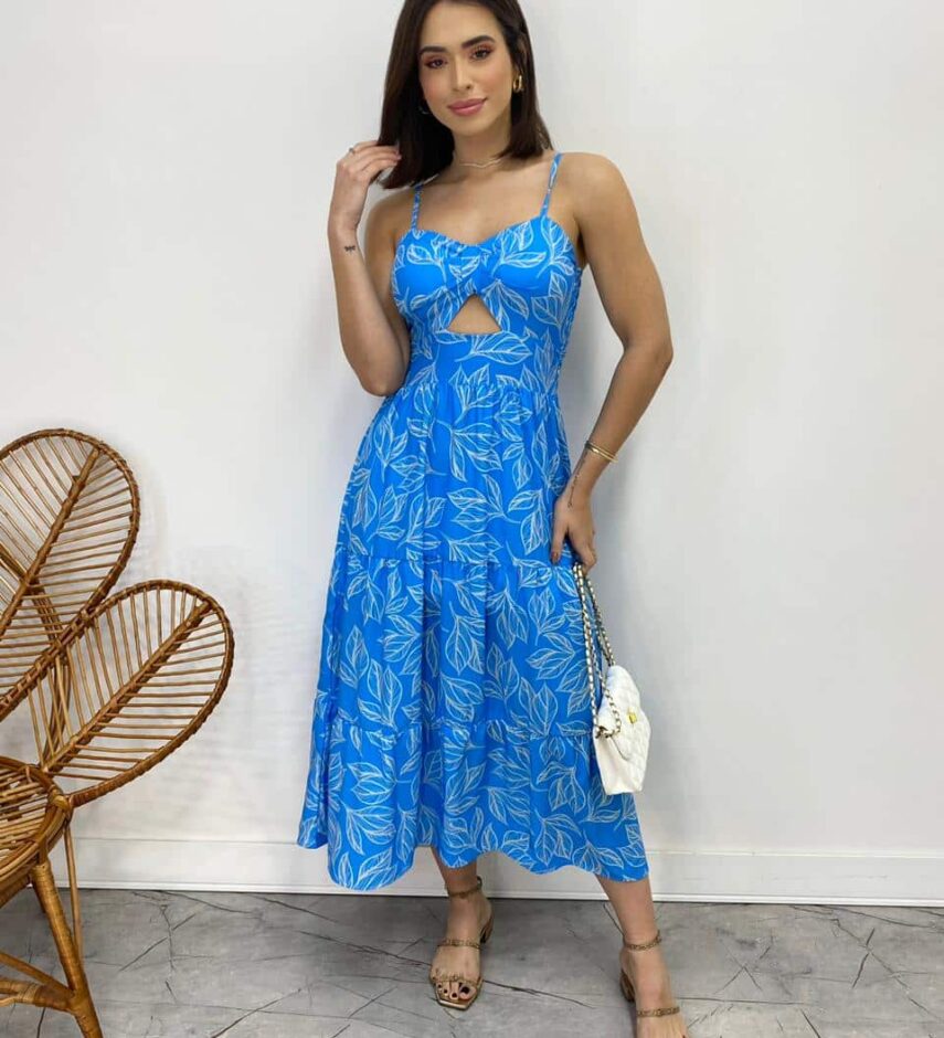 Vestido Midi com Bojo com Abertura Liz Estampado Azul - Fernanda Ramos Store