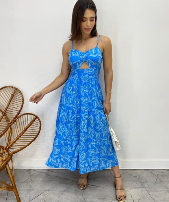 Vestido Midi com Bojo com Abertura Liz Estampado Azul - Fernanda Ramos Store