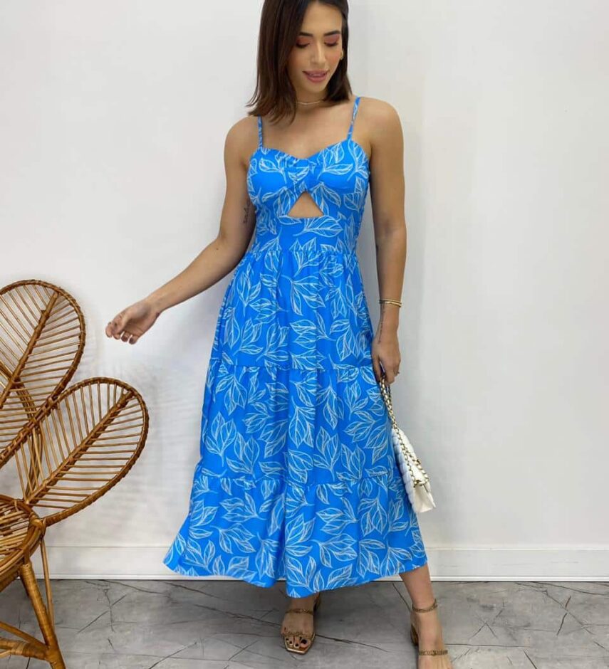 Vestido Midi com Bojo com Abertura Liz Estampado Azul - Fernanda Ramos Store