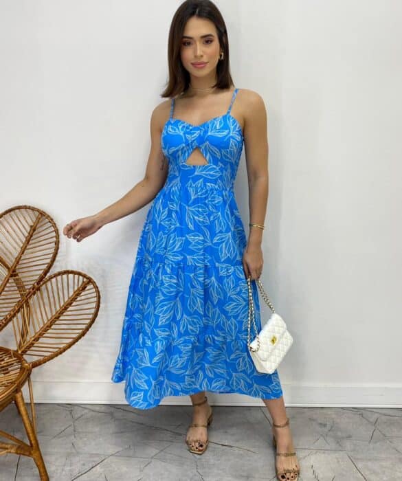 Vestido Midi com Bojo com Abertura Liz Estampado Azul - Fernanda Ramos Store