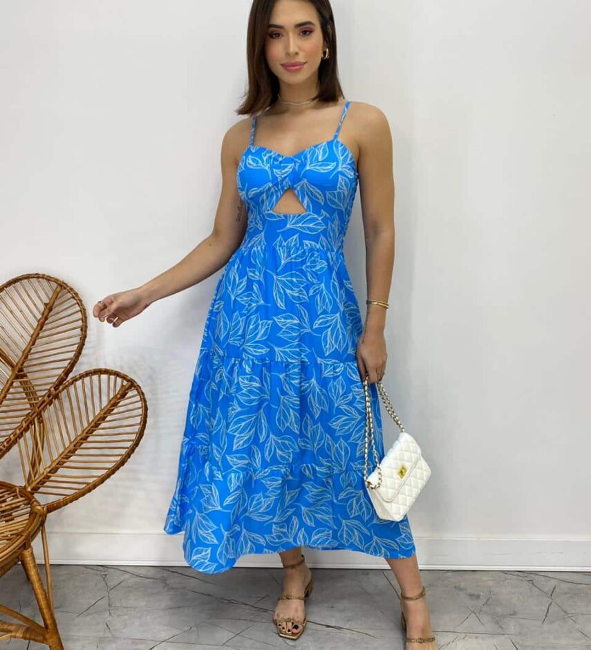 Vestido Midi com Bojo com Abertura Liz Estampado Azul - Fernanda Ramos Store
