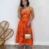 Vestido Midi com Bojo com Abertura Liz Estampado Laranja - Fernanda Ramos Store