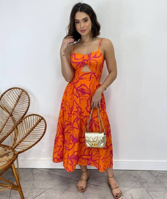 Vestido Midi com Bojo com Abertura Liz Estampado Laranja - Fernanda Ramos Store