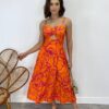 Vestido Midi com Bojo com Abertura Liz Estampado Laranja - Fernanda Ramos Store