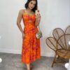 Vestido Midi com Bojo com Abertura Liz Estampado Laranja - Fernanda Ramos Store