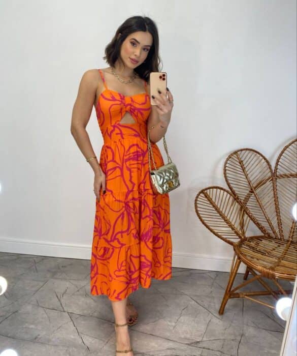 Vestido Midi com Bojo com Abertura Liz Estampado Laranja - Fernanda Ramos Store