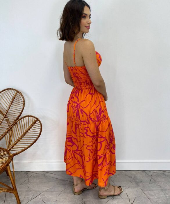 Vestido Midi com Bojo com Abertura Liz Estampado Laranja - Fernanda Ramos Store