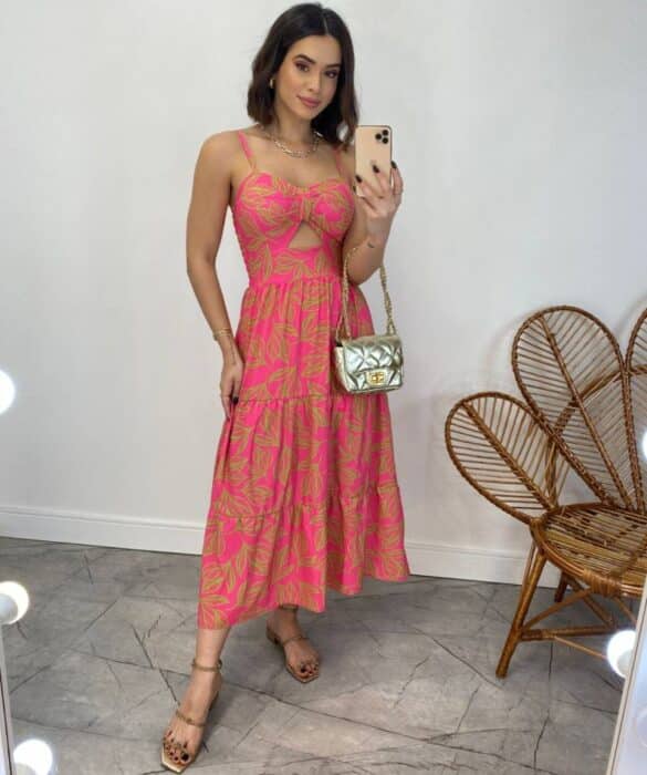 Vestido Midi com Bojo com Abertura Liz Estampado Pink - Fernanda Ramos Store