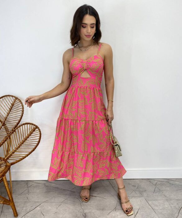 Vestido Midi com Bojo com Abertura Liz Estampado Pink - Fernanda Ramos Store