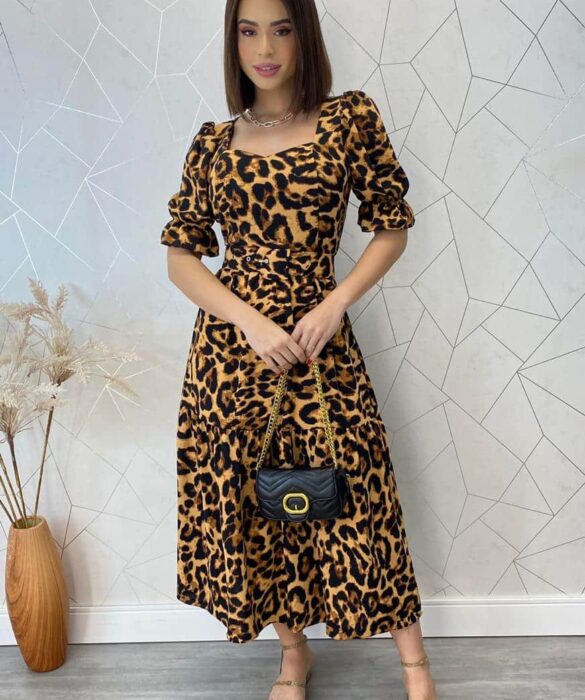 Vestido Midi com Bojo e Cinto Manga Curta Eloá Animal Print - Fernanda Ramos Store