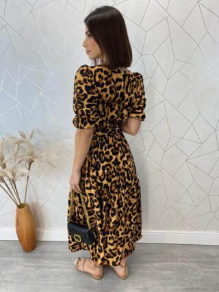 Vestido Midi com Bojo e Cinto Manga Curta Eloá Animal Print - Fernanda Ramos Store