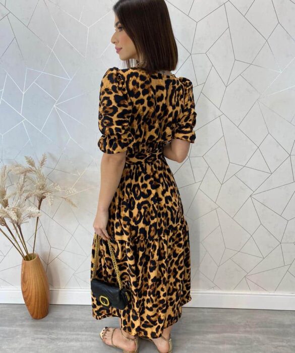 Vestido Midi com Bojo e Cinto Manga Curta Eloá Animal Print - Fernanda Ramos Store