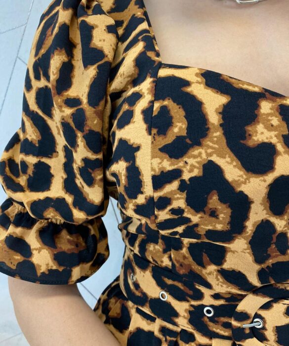 Vestido Midi com Bojo e Cinto Manga Curta Eloá Animal Print - Fernanda Ramos Store