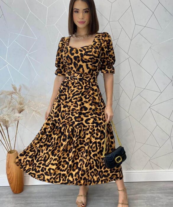 Vestido Midi com Bojo e Cinto Manga Curta Eloá Animal Print - Fernanda Ramos Store