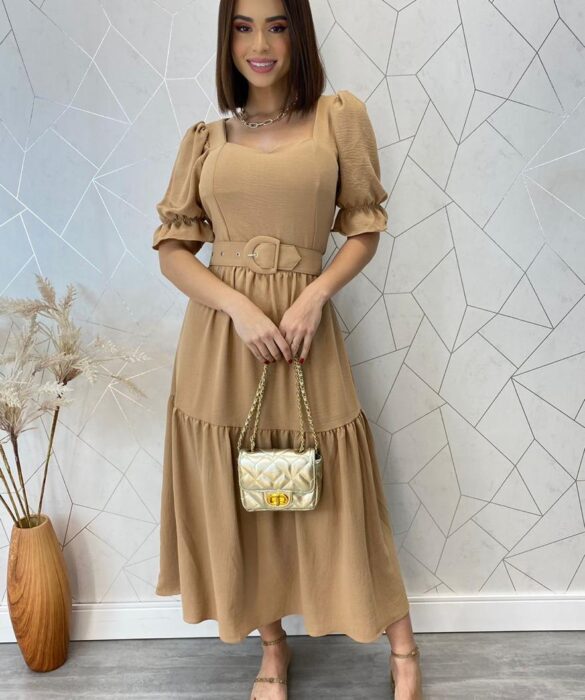 Vestido Midi com Bojo e Cinto Manga Curta Eloá Bege - Fernanda Ramos Store