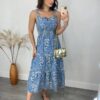 Vestido Midi com Bojo Tricoline Bordado com Amarração Azul - Fernanda Ramos Store