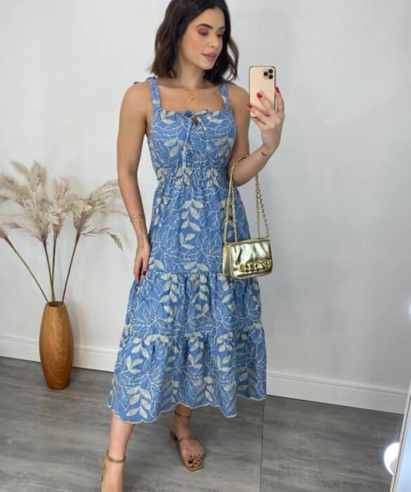 Vestido Midi com Bojo Tricoline Bordado com Amarração Azul - Fernanda Ramos Store