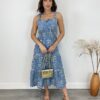 Vestido Midi com Bojo Tricoline Bordado com Amarração Azul - Fernanda Ramos Store