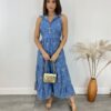 Vestido Midi com Bojo Tricoline Bordado com Fenda e Botões Azul - Fernanda Ramos Store