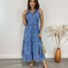 Vestido Midi com Bojo Tricoline Bordado com Fenda e Botões Azul - Fernanda Ramos Store