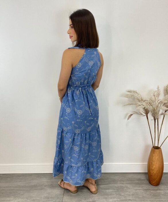 Vestido Midi com Bojo Tricoline Bordado com Fenda e Botões Azul - Fernanda Ramos Store