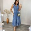 Vestido Midi com Bojo Tricoline Bordado com Fenda e Botões Azul - Fernanda Ramos Store