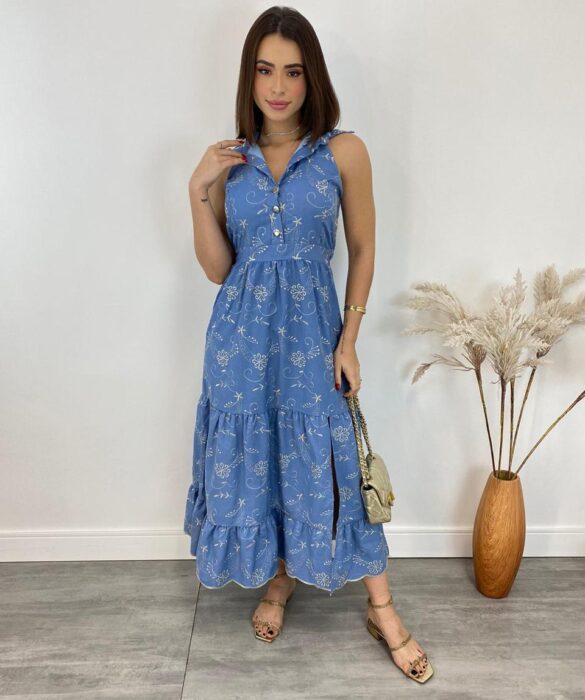 Vestido Midi com Bojo Tricoline Bordado com Fenda e Botões Azul - Fernanda Ramos Store