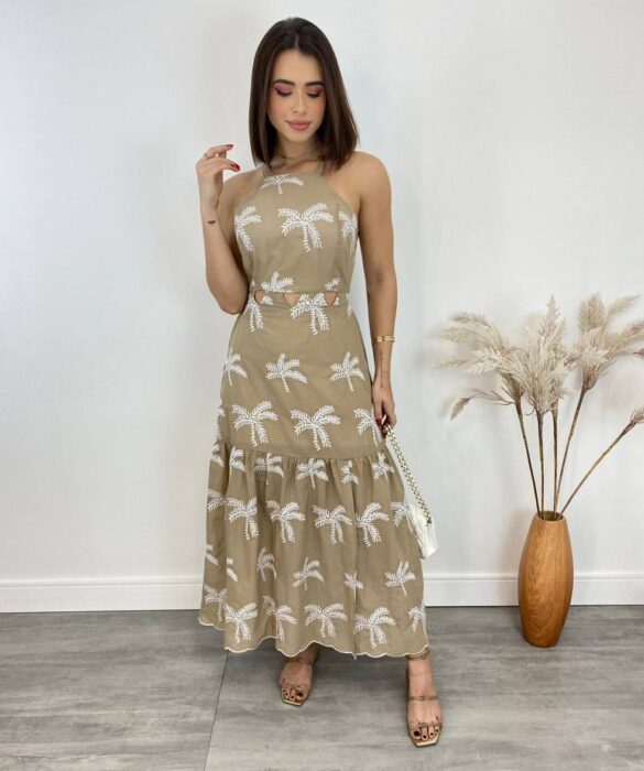 Vestido Midi com Bojo Tricoline com Bordado e Fenda Bege - Fernanda Ramos Store