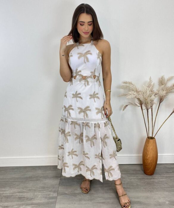 Vestido Midi com Bojo Tricoline com Bordado e Fenda Branco - Fernanda Ramos Store