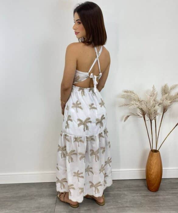 Vestido Midi com Bojo Tricoline com Bordado e Fenda Branco - Fernanda Ramos Store