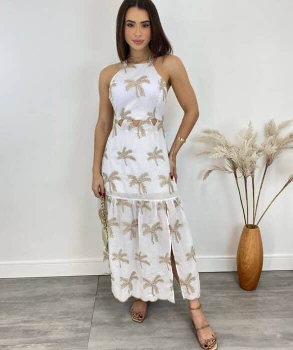 Vestido Midi com Bojo Tricoline com Bordado e Fenda Branco - Fernanda Ramos Store