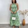 Vestido Midi com Bojo Tricoline com Bordado e Fenda Verde - Fernanda Ramos Store