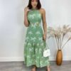 Vestido Midi com Bojo Tricoline com Bordado e Fenda Verde - Fernanda Ramos Store