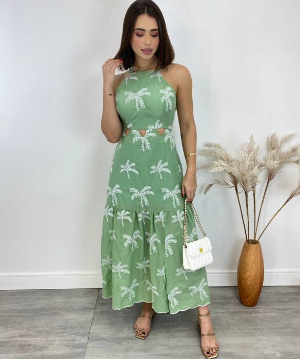 Vestido Midi com Bojo Tricoline com Bordado e Fenda Verde - Fernanda Ramos Store