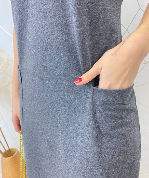 Vestido Midi Manga Curta Alice com Bolsos Cinza - Fernanda Ramos Store