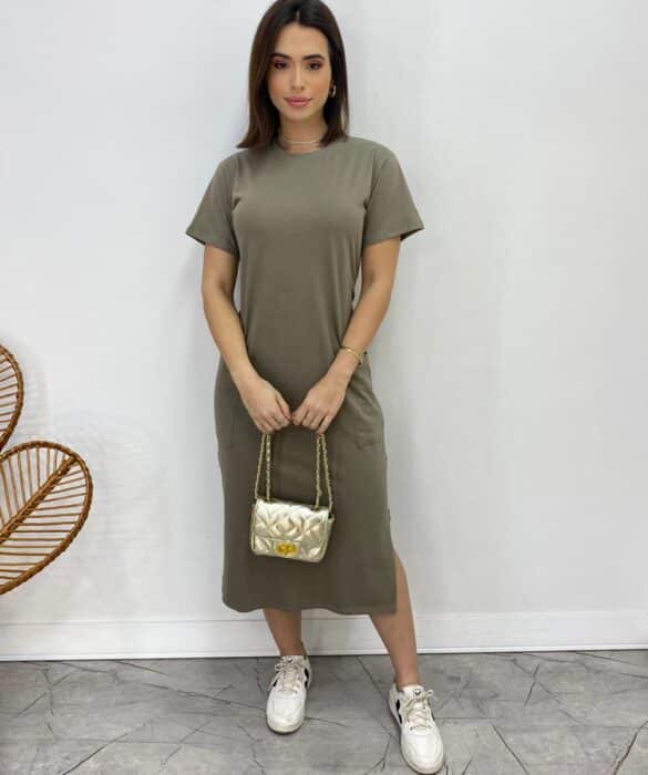 Vestido Midi Manga Curta Alice com Bolsos Cinza - Fernanda Ramos Store