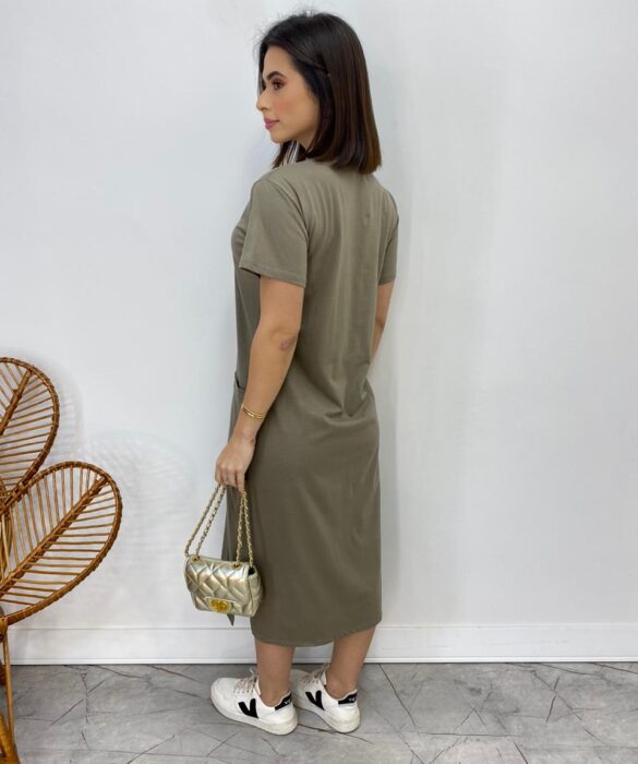 Vestido Midi Manga Curta Alice com Bolsos Cinza - Fernanda Ramos Store