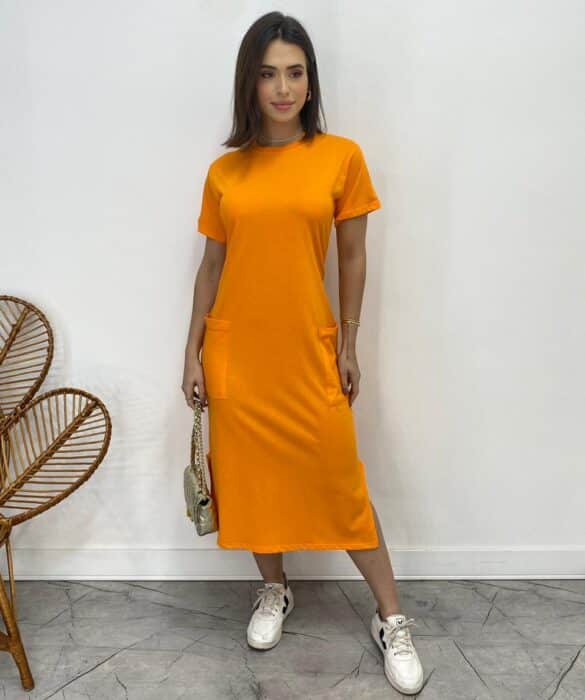 Vestido Midi Manga Curta Alice com Bolsos Laranja - Fernanda Ramos Store