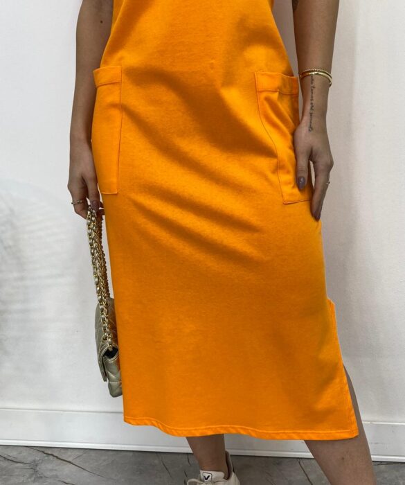 Vestido Midi Manga Curta Alice com Bolsos Laranja - Fernanda Ramos Store