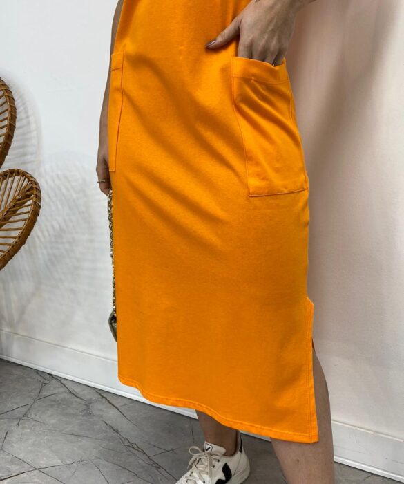 Vestido Midi Manga Curta Alice com Bolsos Laranja - Fernanda Ramos Store