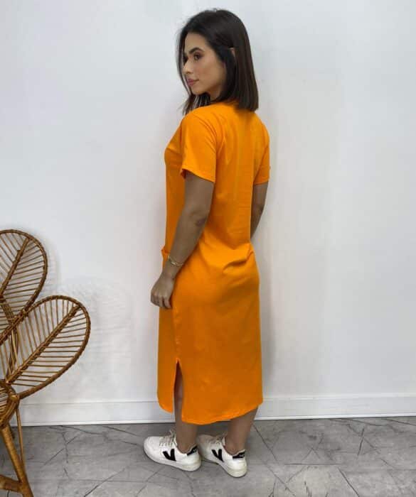 Vestido Midi Manga Curta Alice com Bolsos Laranja - Fernanda Ramos Store