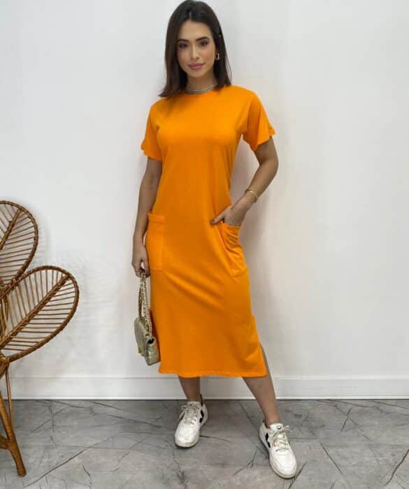 Vestido Midi Manga Curta Alice com Bolsos Laranja - Fernanda Ramos Store