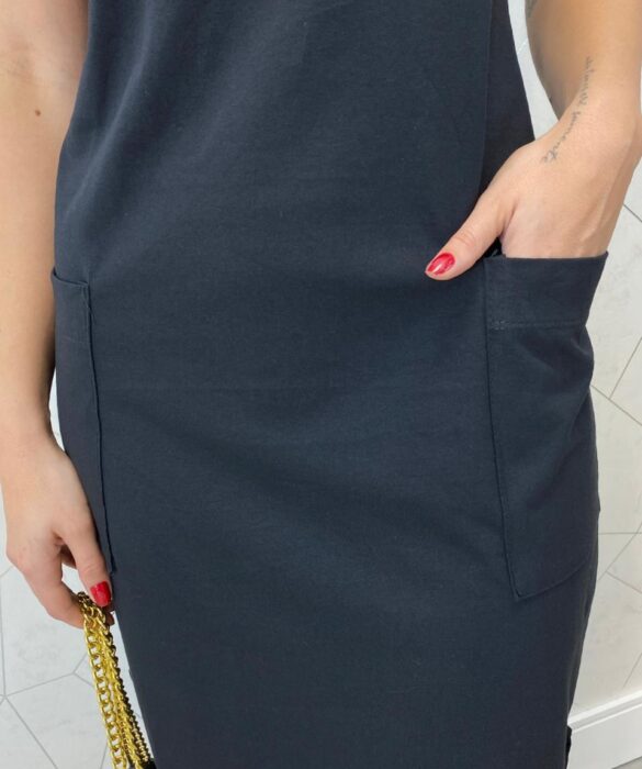 Vestido Midi Manga Curta Alice com Bolsos Preto - Fernanda Ramos Store