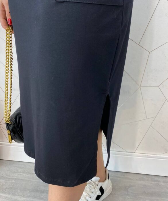 Vestido Midi Manga Curta Alice com Bolsos Preto - Fernanda Ramos Store